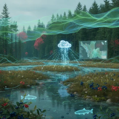 A futuristic forest scene with neon data streams, a cloud rainfall display, and a nearby map panel.