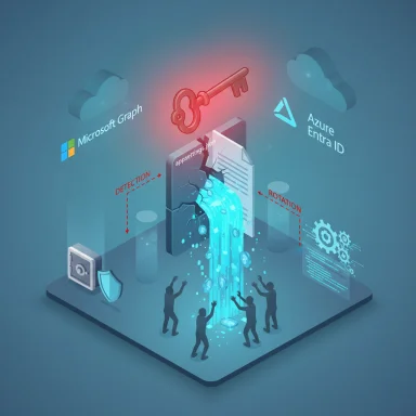 A futuristic security scene with a glowing key unlocking Azure Entra ID and Microsoft Graph.