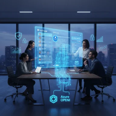 A business team analyzes a holographic Azure OpenAI interface in a high-tech boardroom.