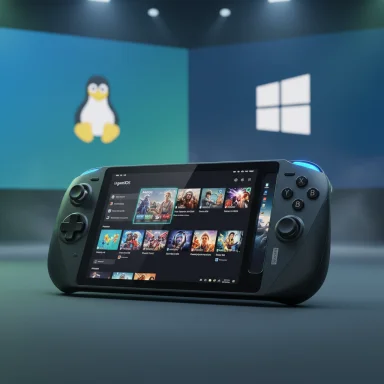 A handheld gaming console on stage with Linux and Windows logos in the background.