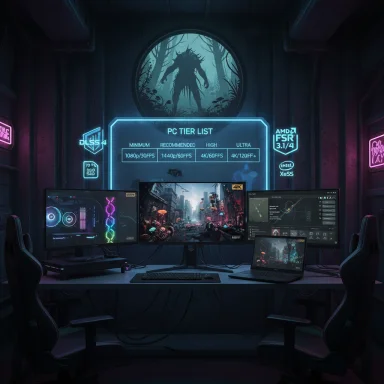 Futuristic PC gaming setup with neon lights and a menacing silhouette outside a circular window.