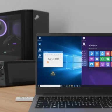 A laptop running Windows with KDE Plasma UI on screen and a “Try Linux” USB drive nearby.