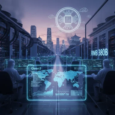 Futuristic data center with holographic dashboards and a glowing world map.