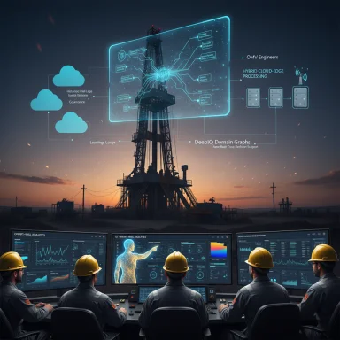 Oil rig control room with a holographic data display and engineers monitoring digital dashboards.