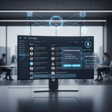 Holographic UI displays Microsoft Graph data and Viva Engage on a monitor in a modern office.
