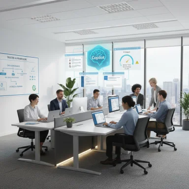 A modern AI team collaborates at a glass-walled office with a holographic Copilot display and dashboards.