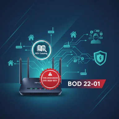 TP-Link router with a red CVE warning badge and BOD 22-01 on a tech-network backdrop.