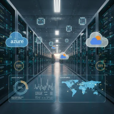 Futuristic data center with Azure cloud icons and holographic governance dashboards.