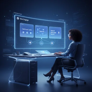 Person seated at a glass desk using a holographic Viva Engage interface with catch-up cards and natural language search.