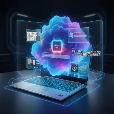 Futuristic laptop with holographic AI interfaces floating around a glowing cloud.