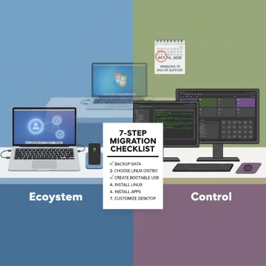 A 7-step migration checklist sits on a tech desk divided into 'Ecosystem' and 'Control' sections.