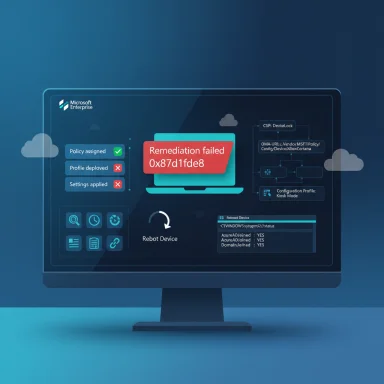 Infographic on a monitor showing a remediation failed error and policy deployment status.