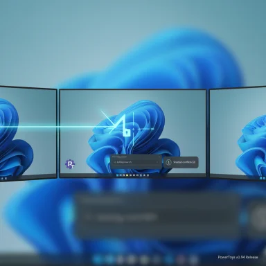 Three curved monitors form a wide blue Windows wallpaper setup.