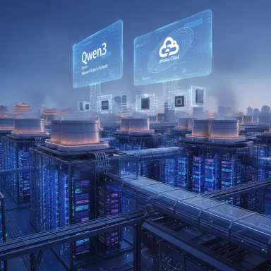 Futuristic data center with holographic dashboards above blue-lit server racks.
