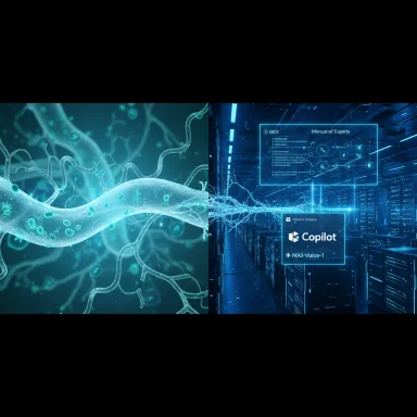 Glowing neural networks on the left blend into a futuristic data-center interface on the right.