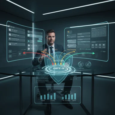 Businessman in a futuristic office uses holographic GPT-5 data interfaces.