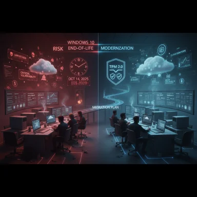 Split-screen IT command room weighing Windows 10 end-of-life risks against modernization and migration plan.