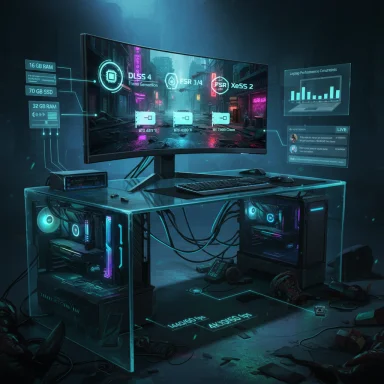 Futuristic gaming setup with curved monitor, glass desk, and holographic performance displays.