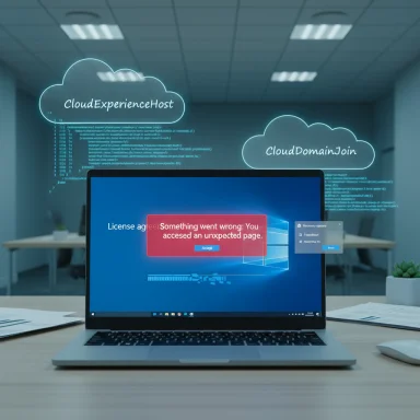 Laptop on a desk shows a “Something went wrong” warning with cloud-hosting icons in the background. Laptop on a desk shows a “Something went wrong” warning with cloud-hosting icons in the background.
