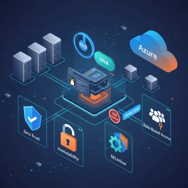 Cloud security illustration featuring Azure, ISO/OVA, Zero Trust, SAML SSO, and SELinux.