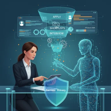 A businesswoman uses an AI recruitment interface with a holographic candidate and a fairness/privacy shield.