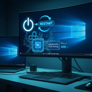 Blue-lit computer screen shows a restart interface with circuit graphics.