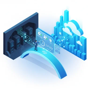 A person interacts with a holographic dashboard linking a data center to cloud-based city infrastructure.