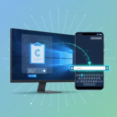 Desktop monitor and smartphone connected via Windows Phone Link, showing clipboard sharing.