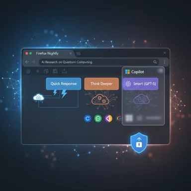 A futuristic Firefox Nightly window shows AI copilots for quantum computing research.