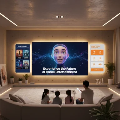 A family sits on a curved sofa, watching a futuristic home-entertainment display on a large screen.