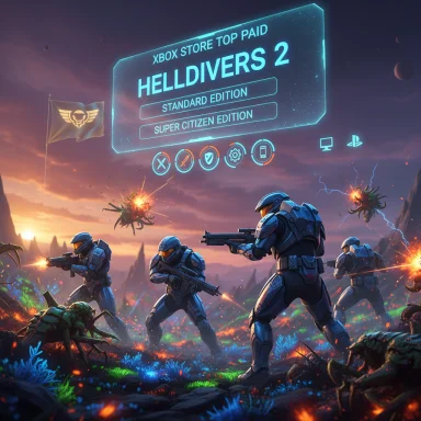 Helldivers 2 soldiers in blue armor battle alien creatures on a neon-lit world.