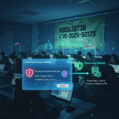 A dim computer lab with students, overlaid by neon cyber-attack graphics and a fatal install error dialog.