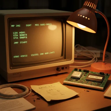 A vintage computer workstation with a green-on-black monitor, circuit board, desk lamp, and a handwritten BASIC 1.1 diagram.