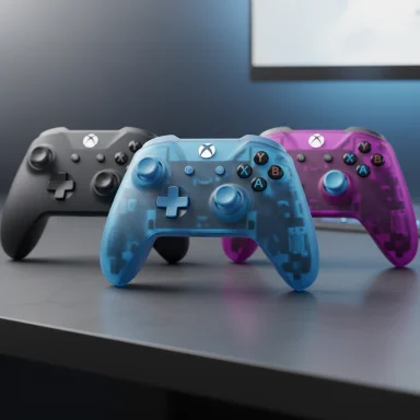 Three translucent Xbox controllers in blue, gray, and purple on a desk.