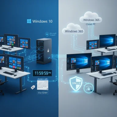 Split-screen office setup: Windows 10 on the left and Windows 365 Cloud PC on the right.