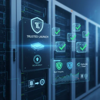 Futuristic data center panel showing Trusted Launch and Secure Boot with green check marks.