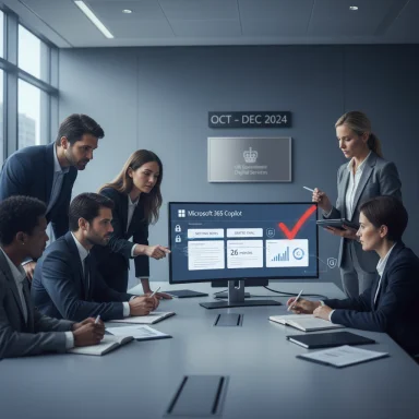 A corporate team reviews a Microsoft 365 Copilot dashboard in a modern conference room.
