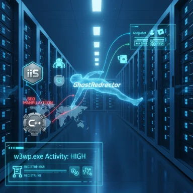 A futuristic data center featuring holographic cyber-attack visuals and the GhostRedirector overlay.