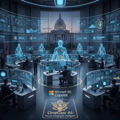 A futuristic government control center with holographic officers, vast screens, and the Capitol in view.