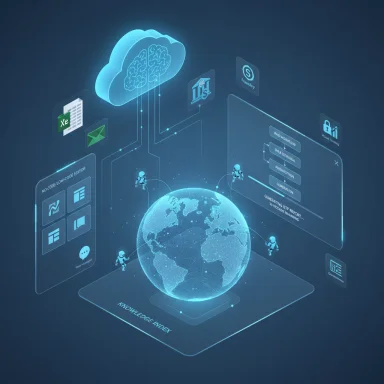 A futuristic cloud-computing hub with holographic data panels surrounding a glowing Earth.