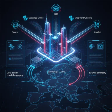 Futuristic data hub with local storage in Austria and EU data boundaries.