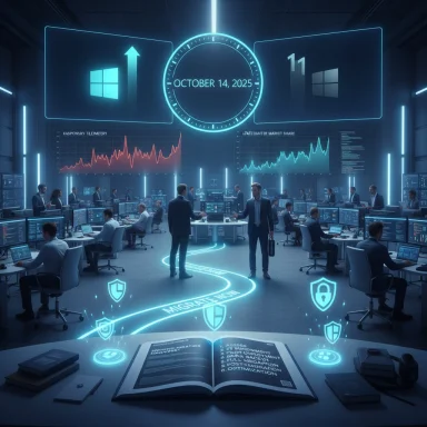 Futuristic control room with staff at neon-lit desks, holographic dashboards, and a central October 14, 2025 clock.