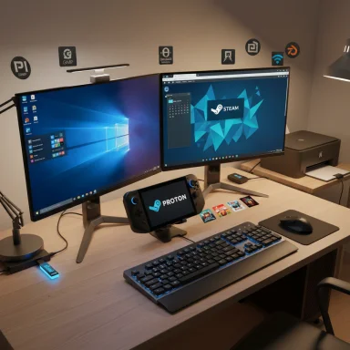 Dual-monitor desk setup featuring a Steam Deck on a stand, blue Windows wallpaper, keyboard and mouse.