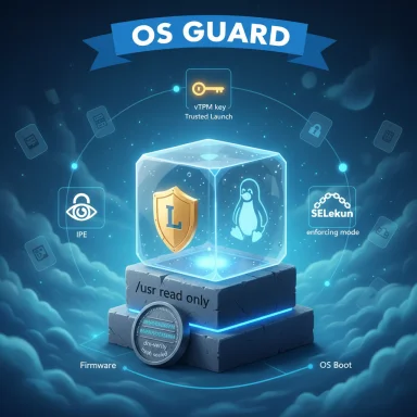 Futuristic OS Guard infographic featuring a glowing cube with shield, Linux penguin, and trusted boot icons.