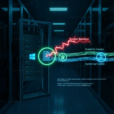 Futuristic data center with neon indicators of a Rungan Backdoor breach and cloaked data flow.