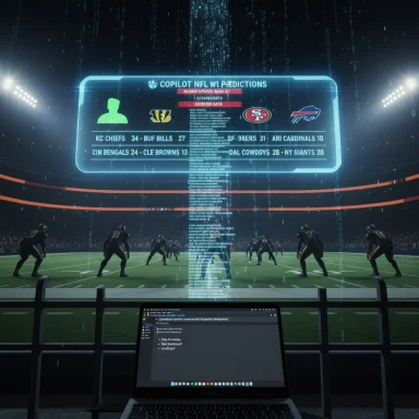 A futuristic football stadium with a glowing holographic scoreboard and a laptop on the sideline.