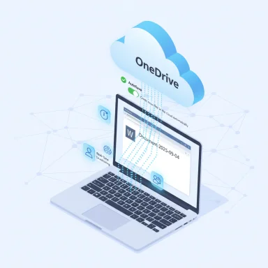 A laptop syncing documents to the OneDrive cloud storage.