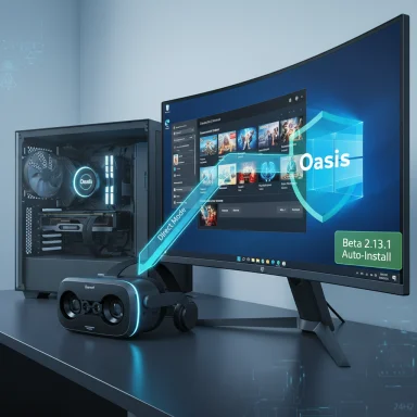 Futuristic desk setup with a VR headset, PC tower, and a curved monitor displaying Oasis software.