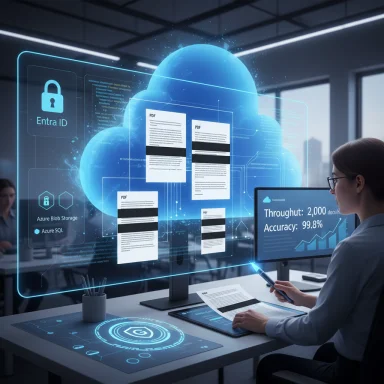 A futuristic office with holographic cloud storage, security icons, and data analytics on screens.
