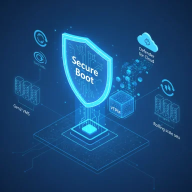 Glowing blue diagram showing Secure Boot protecting cloud infrastructure and VMs.